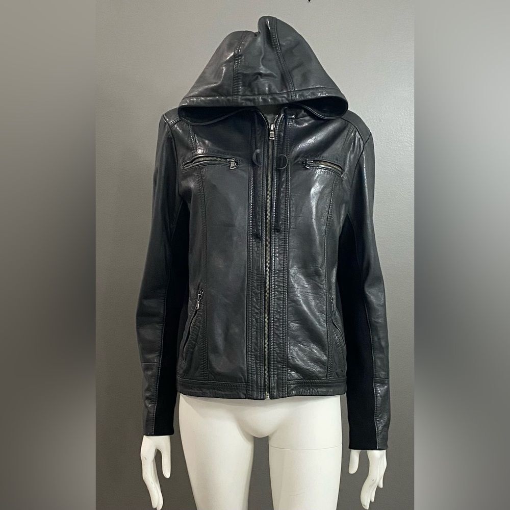 Carbon2Cobalt Black Crosstown Leather Hoodie Jacket Size M